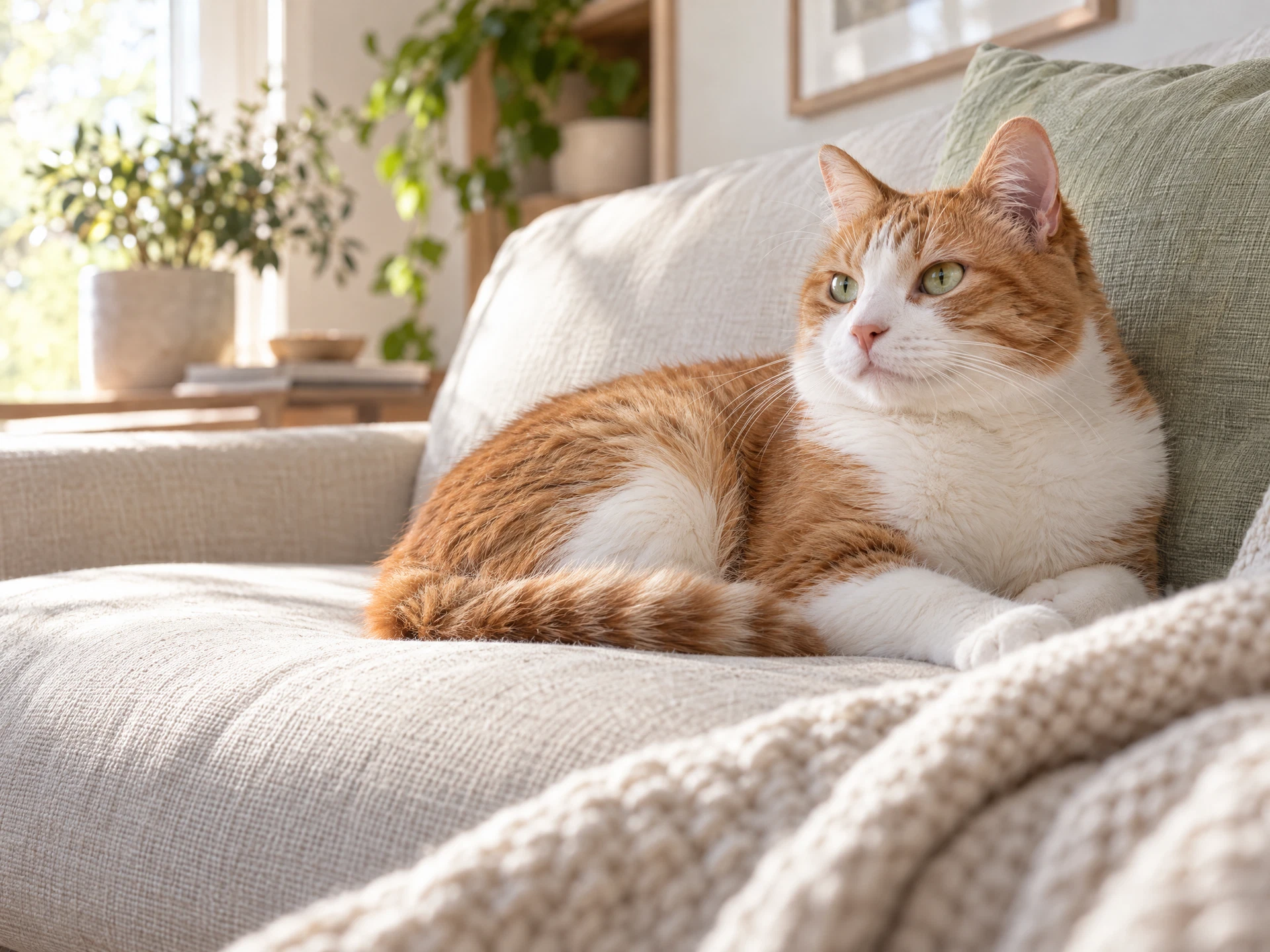 A relaxed ginger and white cat in a comfortable home
